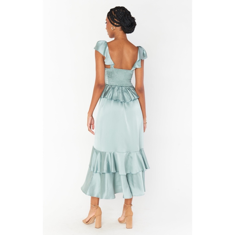 Show Me Your Mumu Reese Ruffle Dress in Silver Sage Luxe Satin size Medium - Picture 4 of 9